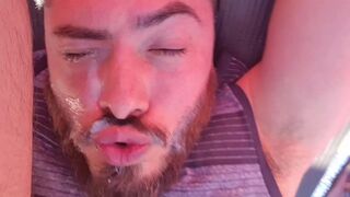 SELF FACIAL CUMSHOT on my camper, Fellating my own ballsack & lollipop
