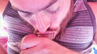 SELF FACIAL CUMSHOT on my camper, Fellating my own ballsack & lollipop