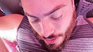 SELF FACIAL CUMSHOT on my camper, Fellating my own ballsack & lollipop