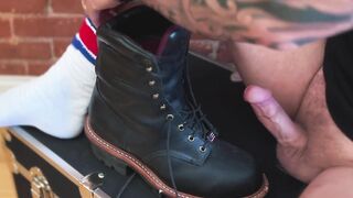 Jism on my logger shoes dressed in milky tube socks