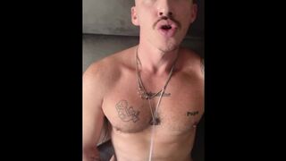 He locks me in, whips out his rigid rod, we masturbate off, and he coats me with steaming spunk.