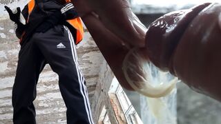 The janitor found a used rubber and added his dosage of man juice