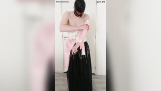 Putting on pinkish frilly spandex half-shirt over lengthy protection micro-skirt, maid pantyhose, undies, layers