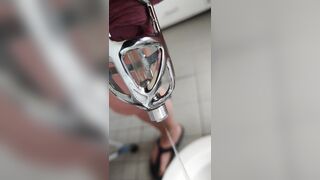 Urinate in the manstick box with catheter in pantyhose