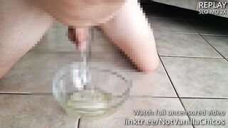 Rear end-fashion bare man urinates in a cup