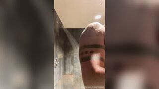 Bearded muscled jock urinates in gym locker guest room douche