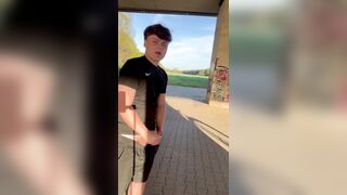 Risky outdoor jizz flow in sizzling fitness garb