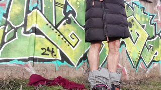 Femboy, exhibitionist disrobes in public place