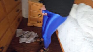 Glossy blue latex trousers