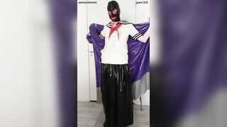 Putting on spandex saint priest bathrobe cover gown over student sailor uniform and protection micro-skirt layers