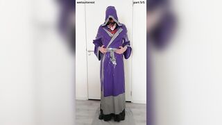 Putting on spandex saint priest bathrobe cover gown over student sailor uniform and protection micro-skirt layers