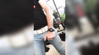 Longhairdude shoots in Wesco Engineer Footwear, SprayOn bony denim, WWE Tshirt, helmet, milky belt