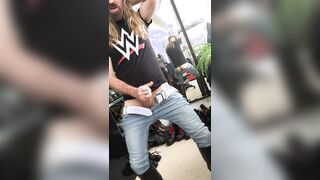 Longhairdude shoots in Wesco Engineer Footwear, SprayOn bony denim, WWE Tshirt, helmet, milky belt