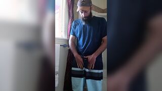 Jizz-shotgun log pre trail. Attempting on fresh hiking clothes for the summer.