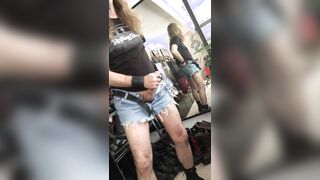 Loonghairdude shoots enormous geyser in brief jeans cutoff cut-offs, Spinning Stone tshirt, shoes