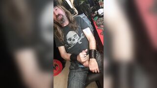 Longhairdude breaks one off (in two parts) in denim, skull tshirt, leather cap - Trivium