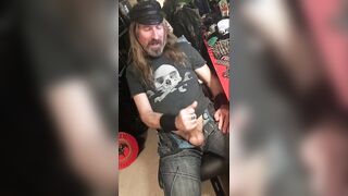 Longhairdude breaks one off (in two parts) in denim, skull tshirt, leather cap - Trivium