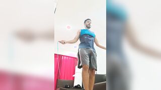 Fellow exercising at home unclothes Uncircumcised salami and XXL plums juggling while leaping wire