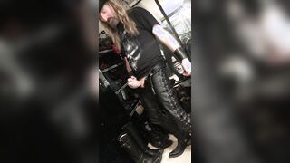 Longhairdude shoots in laceup leather denim, Fresh Rock cowboy footwear, gauntlets, skull tshirt, fedora