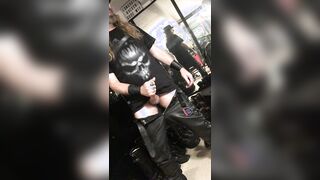 Longhairdude shoots in laceup leather denim, Fresh Rock cowboy footwear, gauntlets, skull tshirt, fedora