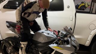 Heterosexual Father in Garage Drains & Jizzes in Leather on Motorcycle