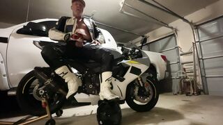 Heterosexual Father in Garage Drains & Jizzes in Leather on Motorcycle