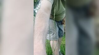 Sean doin yard work n takes a urinate break