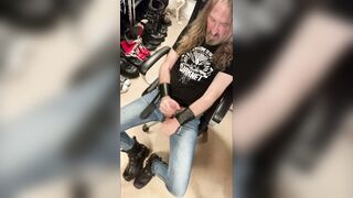 Longhairdude shoots geyser in thin Dump On denim, Fresh Rock Footwear, tshirt