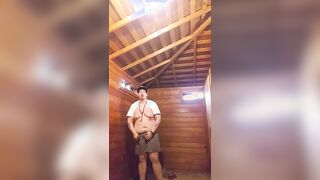 Risky exhibitionist in park shower displaying off with nip forceps on & tearing clothes off!