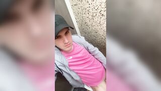 Scottish chav plays with dangled man sausage in public rest room