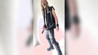 Longhairdude shoots in leather denim, Fresh Rock Biker Footwear, GNR sleeveless vest, pentagram
