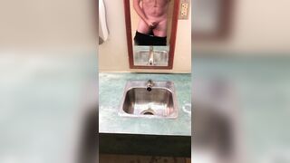 Risky public washroom urinal getting off and money-shot