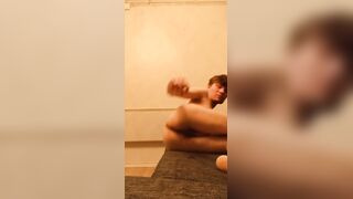 Unexperienced teenie lad frigging his cock-squeezing donk and spunking in the end