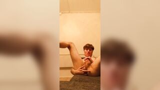 Unexperienced teenie lad frigging his cock-squeezing donk and spunking in the end