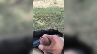 Man sausage display. I fap outdoors while a female observes me from afar. She witnesses until I spunk.