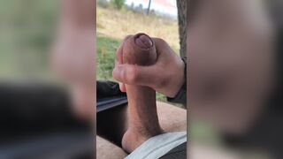 Man sausage display. I fap outdoors while a female observes me from afar. She witnesses until I spunk.