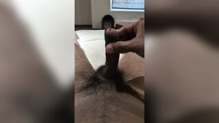 Torrid boy jerks with his own precum until large cum shot