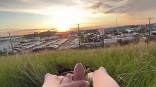 Sunset Canada Milking Uncircumcised Manhood Public Atop Grassy Hill