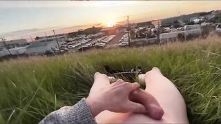 Sunset Canada Milking Uncircumcised Manhood Public Atop Grassy Hill