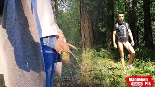 On a walk in the woods, lengthy urinating under a tree