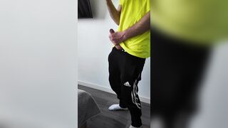 A sporty dude determined to relax stress after coming home from the gym. Onanism, lots of