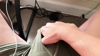 Decorating his sneakers with jizz!