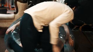 Warm hump of college girls on a semi-transparent inflatable stool