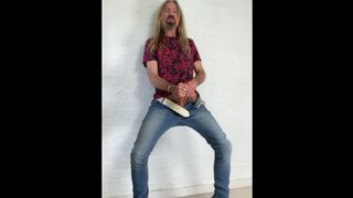Longhairdude jerks shoots in Squirt On thin denim, cowboy shoes, crimson pattern t-shirt, milky belt
