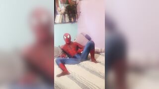 Bicurious Spider-boy Costume play Undressing down and Wank Off