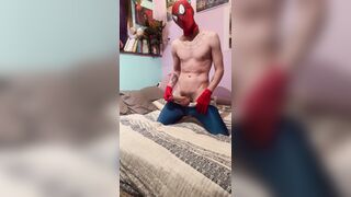Bicurious Spider-boy Costume play Undressing down and Wank Off