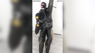 Putting on mighty love glove Viking drysuit, gasmask, spandex mask and rubber