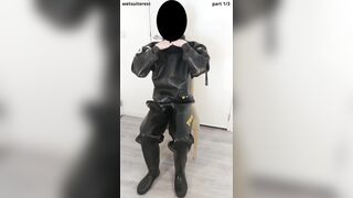 Putting on mighty love glove Viking drysuit, gasmask, spandex mask and rubber