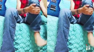 Boy showcases his nude soles as he strips his work shoes