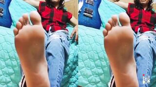 Boy showcases his nude soles as he strips his work shoes